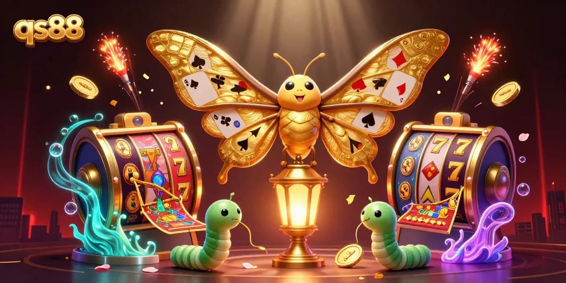 Play at qs88's vibrant online casino with a majestic atlas moth and dynamic slot elements.