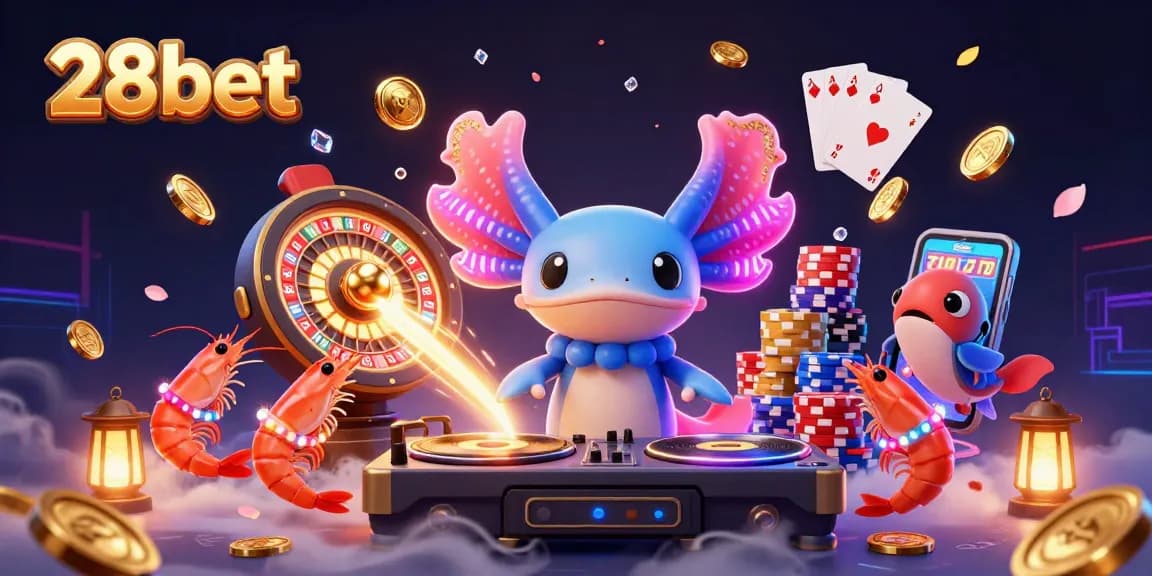 Experience excitement at 28bet with a lively casino scene featuring vibrant characters and dynamic gaming elements.