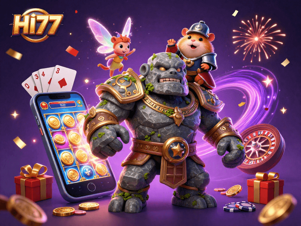 Experience HI77's thrilling gambling adventure with a vibrant 3D illustration of gaming characters.