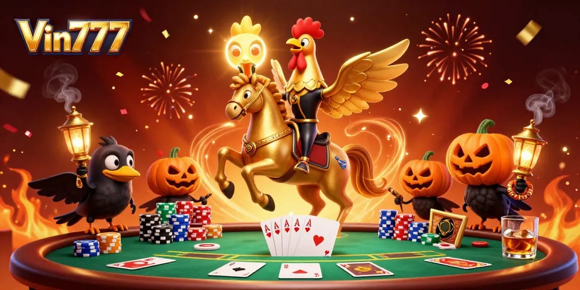 Experience the thrill of Vin777 casino with a golden rooster and spectral horse in a vibrant gaming atmosphere.