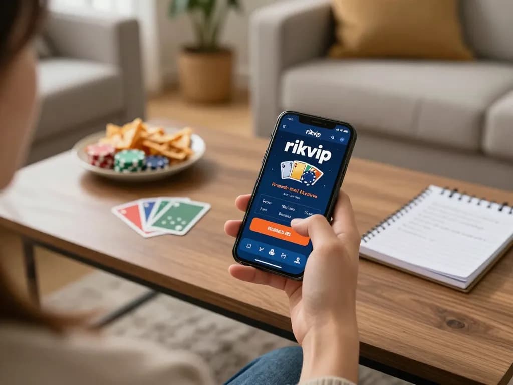 Engaging with the rikvip mobile casino app, enjoying a relaxed gaming session at home.