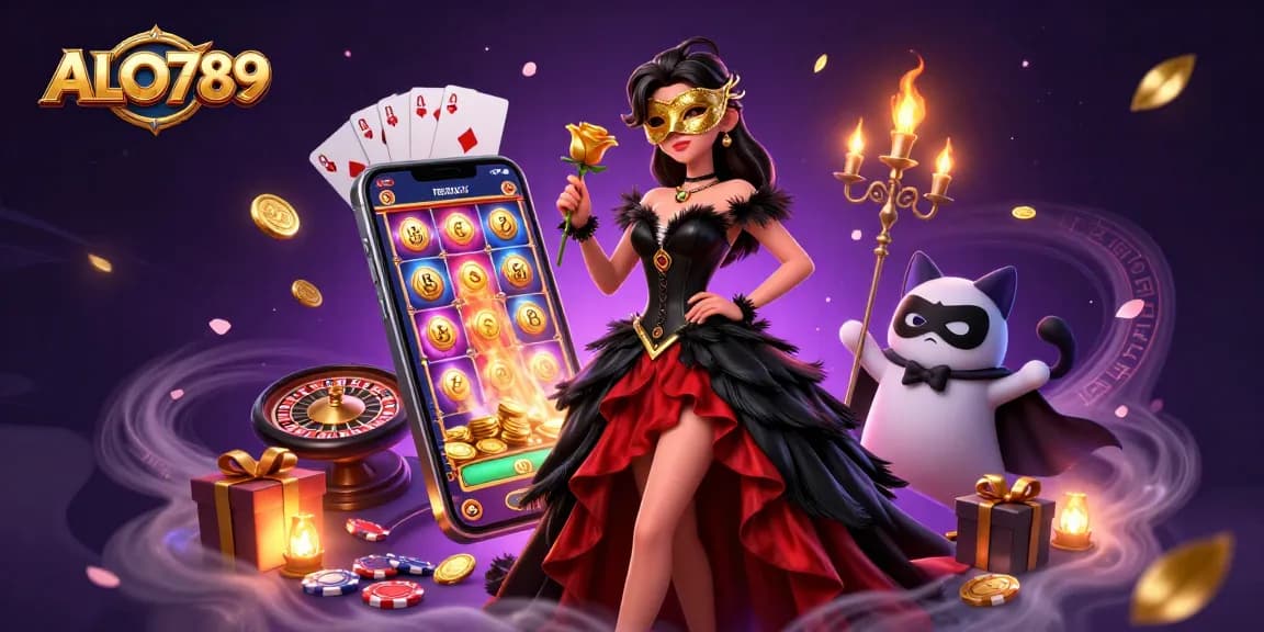Experience the excitement of ALO789 casino with a dynamic illustration featuring vibrant gaming elements and characters.