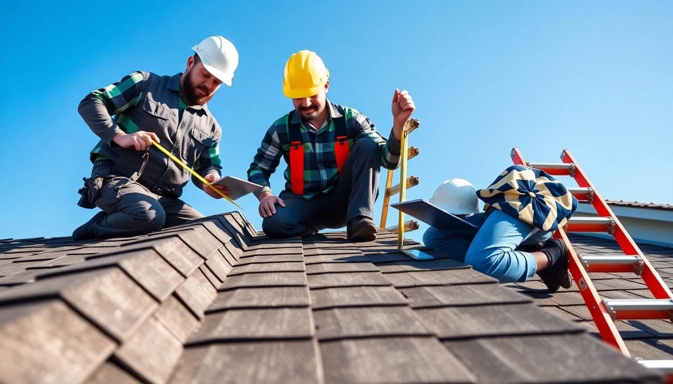 Roofing company team inspecting a residential roof with professionalism and expertise.