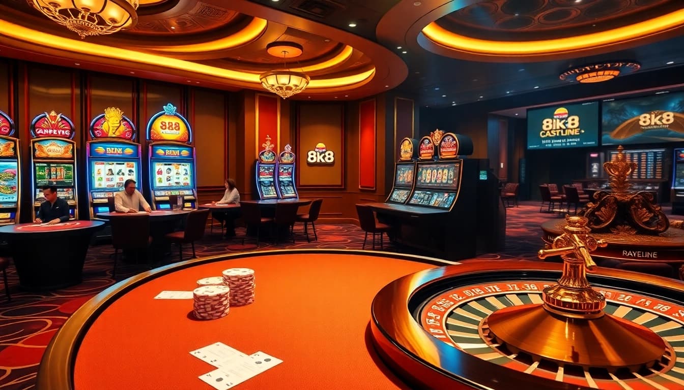 Win big at 8k8 with vibrant casino tables and exciting slot machines in a thrilling betting scene.