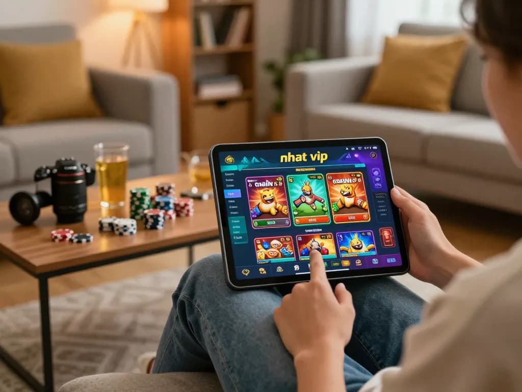 Engaging in the nhat vip online casino experience at home with a tablet.