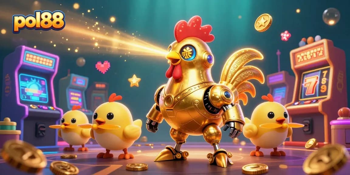 pol88 menampilkan robot ayam emas futuristik di kasino dengan mesin slot dan laser berkilau.