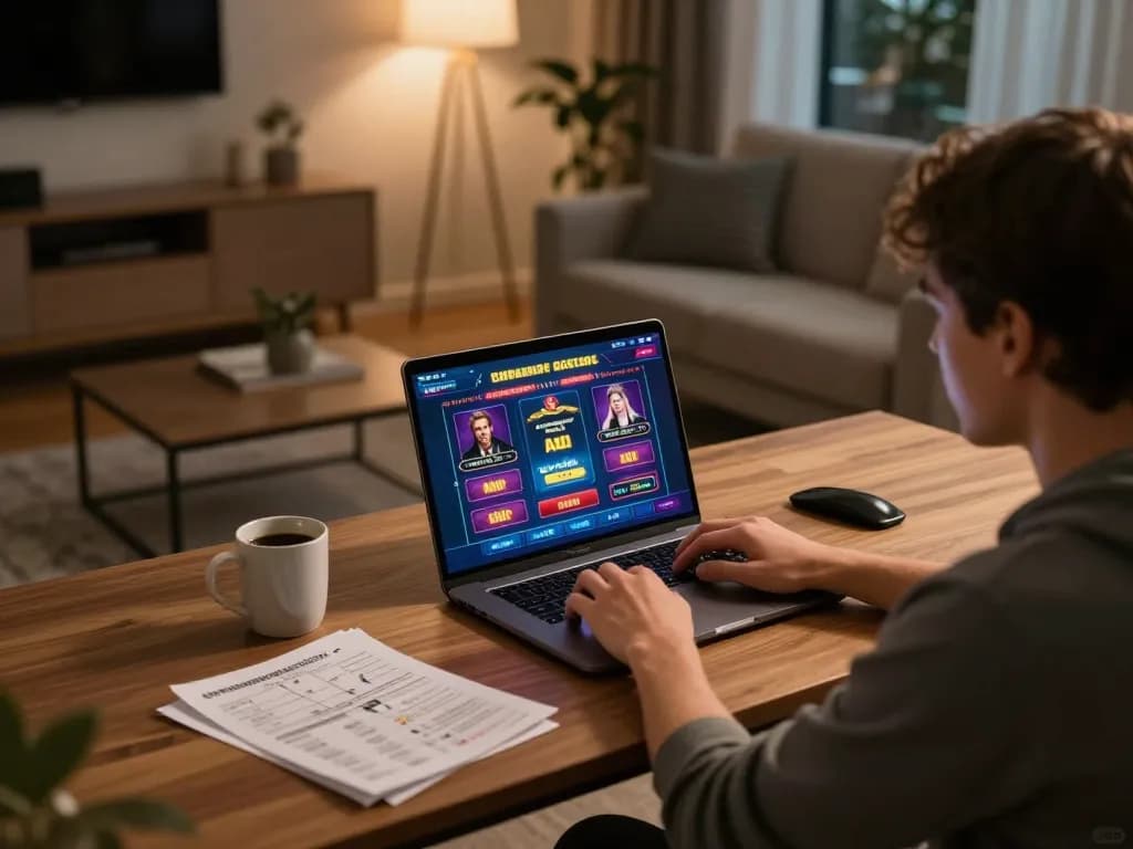 Duitgini user engaging in online gaming strategy from a cozy home setting
