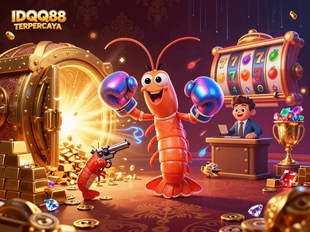 IDQQ88 TERPERCAYA showcases a vibrant online casino scene featuring lively characters and dynamic slot elements.