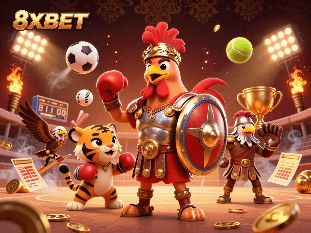 Experience excitement with sports betting at 8XBET featuring dynamic characters and elements.