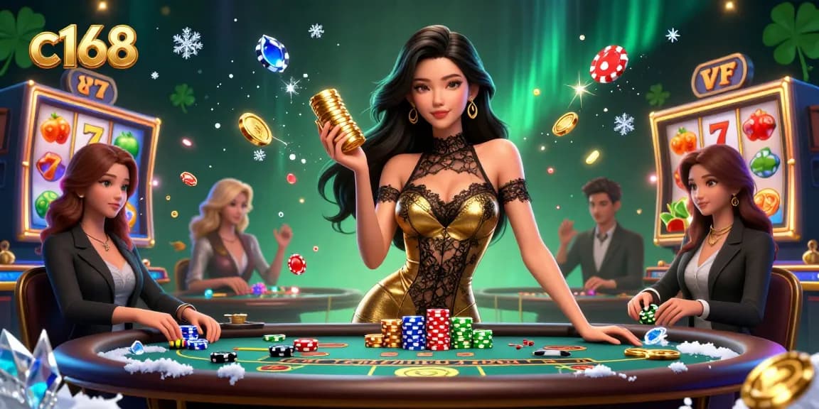 C168 showcases high-stakes baccarat action with luxurious casino elements and vibrant slot symbols.