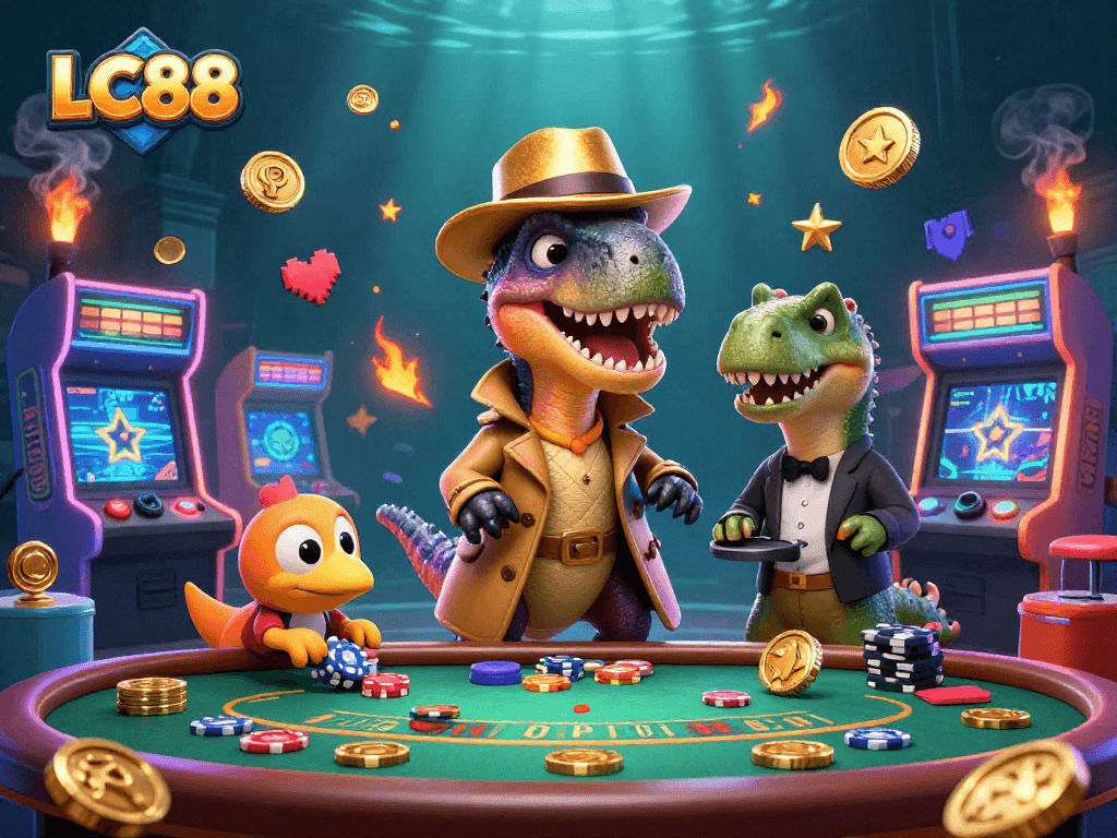 Experience the thrill of LC88 with a cartoon velociraptor counting cards at a blackjack table in this vibrant casino scene.