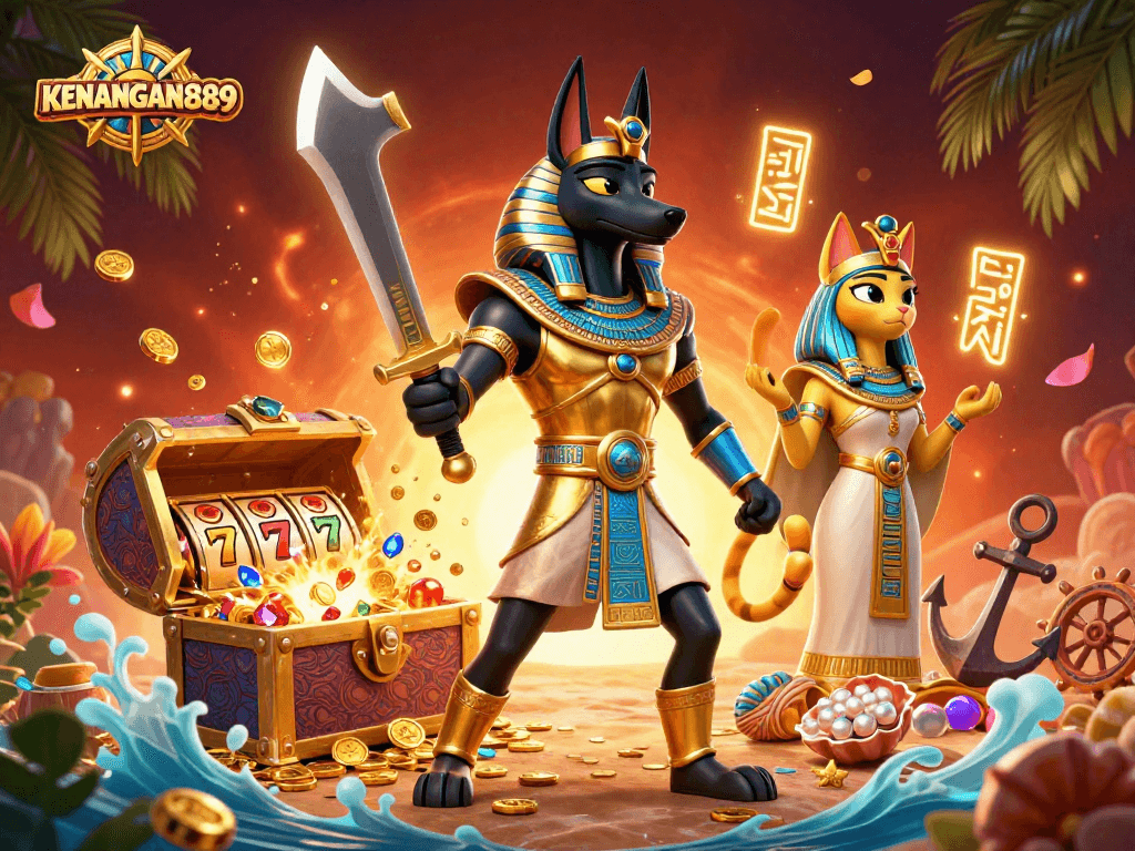 Play thrilling slots at KENANGAN889 with Anubis and Bastet in a vibrant gambling scene.