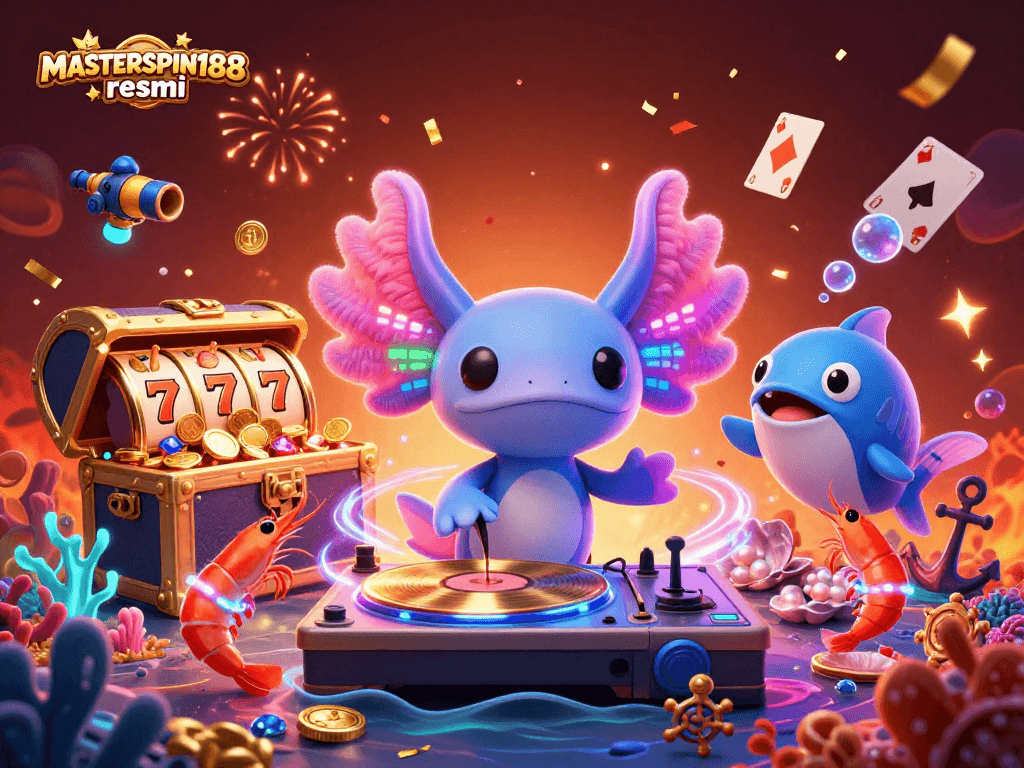 Spin to win with MASTERSPIN188 resmi in a vibrant underwater casino scene featuring a DJ axolotl.