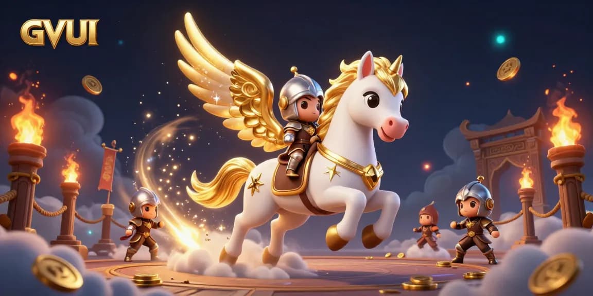Experience the excitement of GVUI with a celestial horse and knight amid vibrant casino elements.