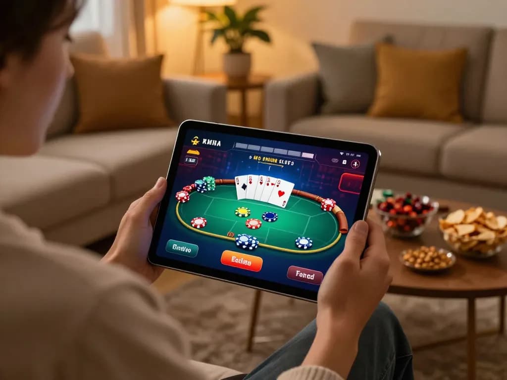 FB88 user bets on dynamic poker game interface from cozy home, highlighting online gambling experience.