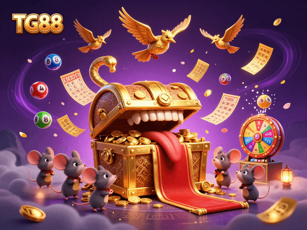 Experience thrilling gameplay at TG88 with vibrant lottery elements and treasure chests inviting players to win big