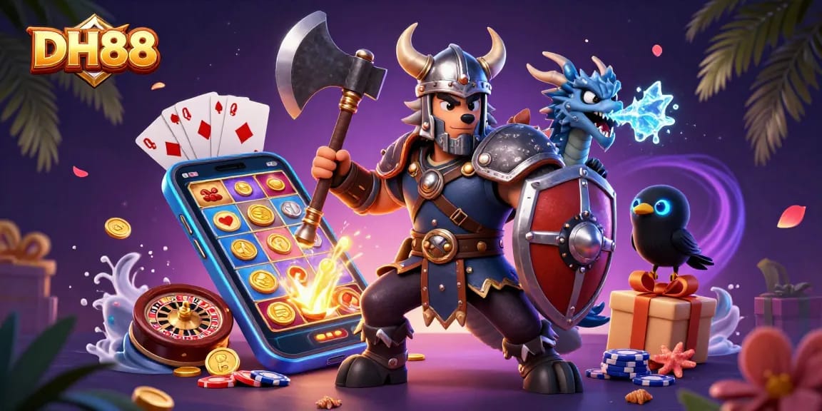 Join the thrilling action at DH88 with vibrant gaming elements featuring a fierce Viking wolf warrior and a fierce dragon!