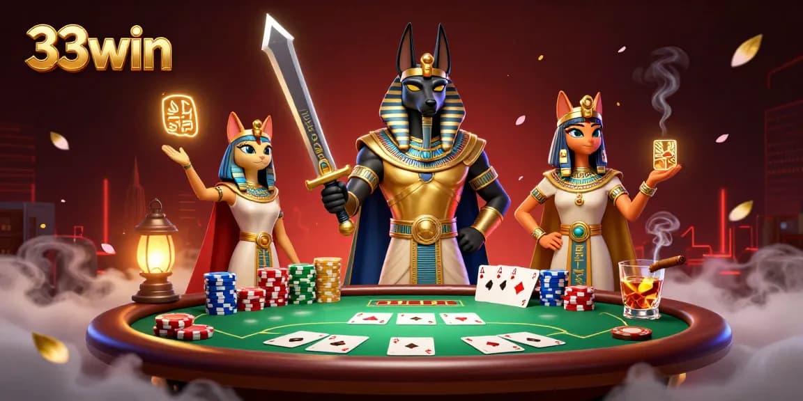 Engage in thrilling poker play at 33win with Anubis and Bastet in an ancient Egyptian casino scene.