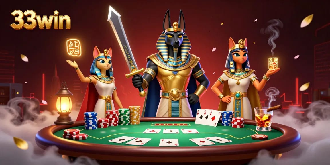 Engage in thrilling poker play at 33win with Anubis and Bastet in an ancient Egyptian casino scene.