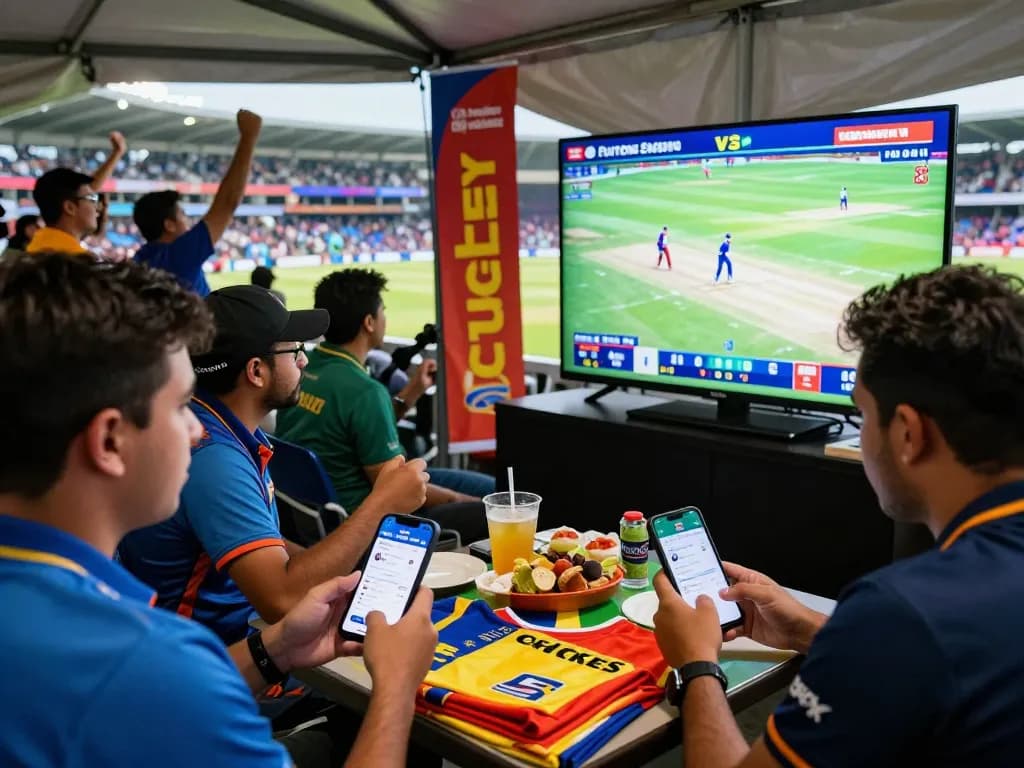 Exciting scene of cricket fans using free cricket betting sites on mobile devices during a vibrant match day.