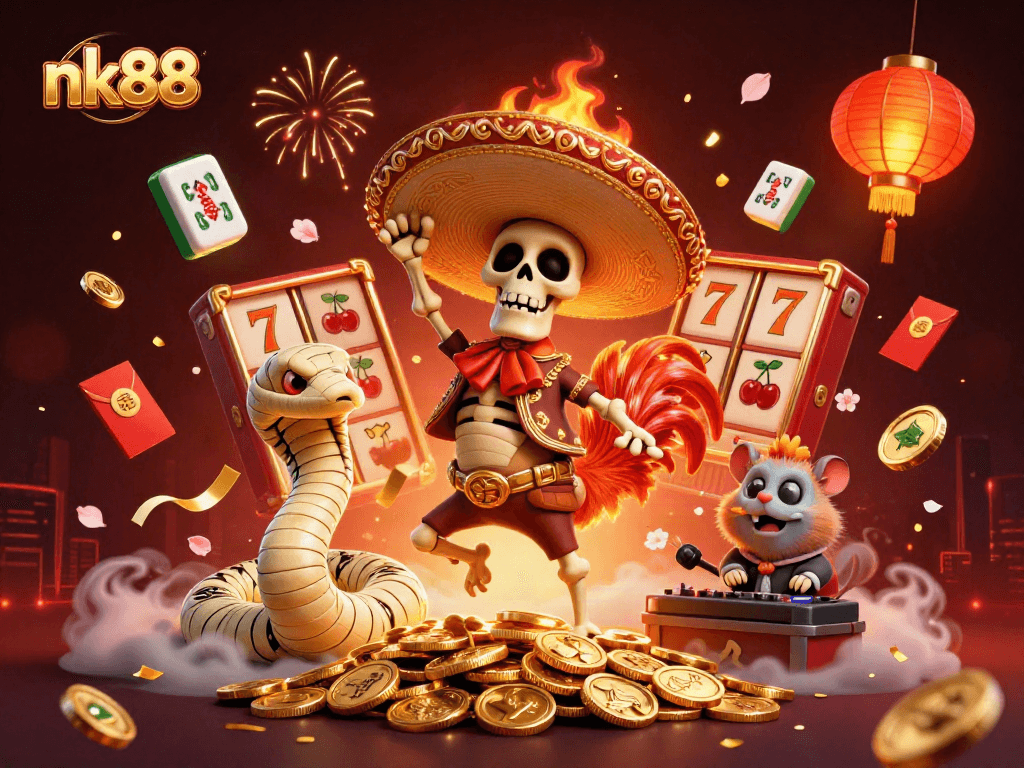 Celebrate with the nk88 animated casino characters amidst slot reels and colorful symbols.
