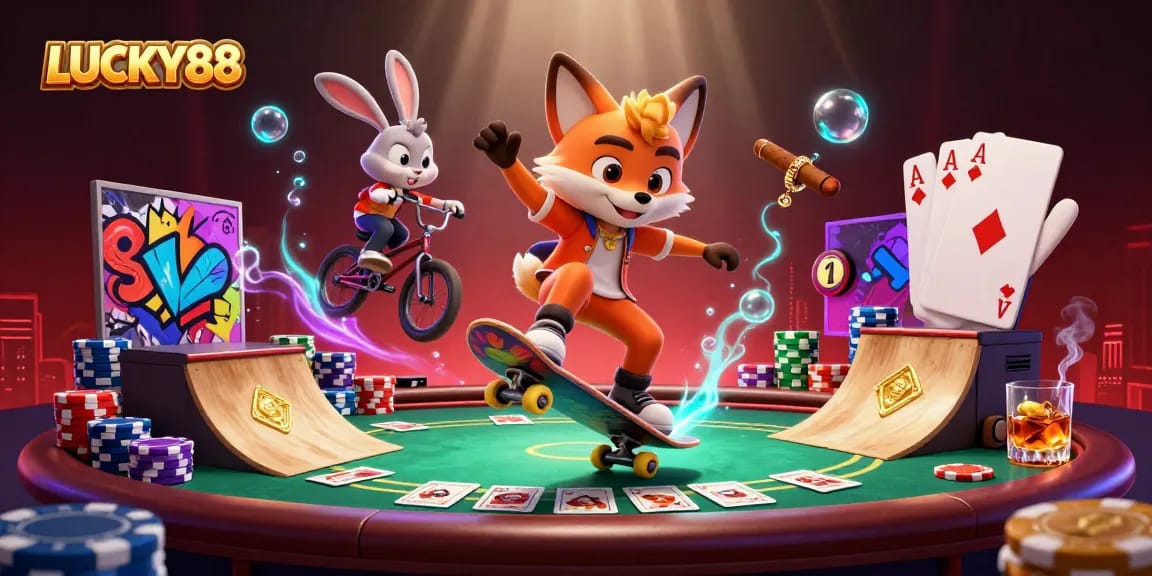 LUCKY88 showcases a vibrant 3D casino scene with a skateboarder fox and BMX rabbit among poker chips.