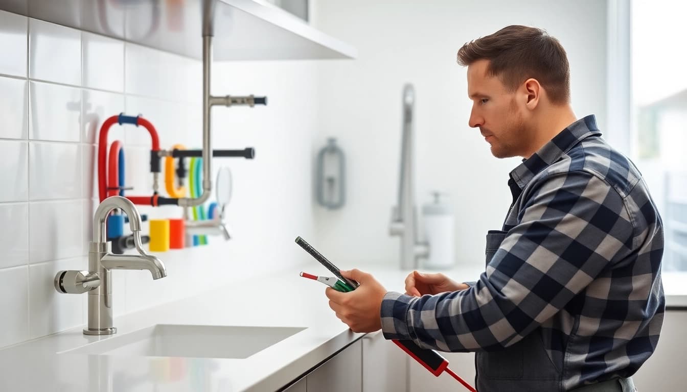 Find a skilled plumber near me fixing plumbing issues in a modern kitchen.