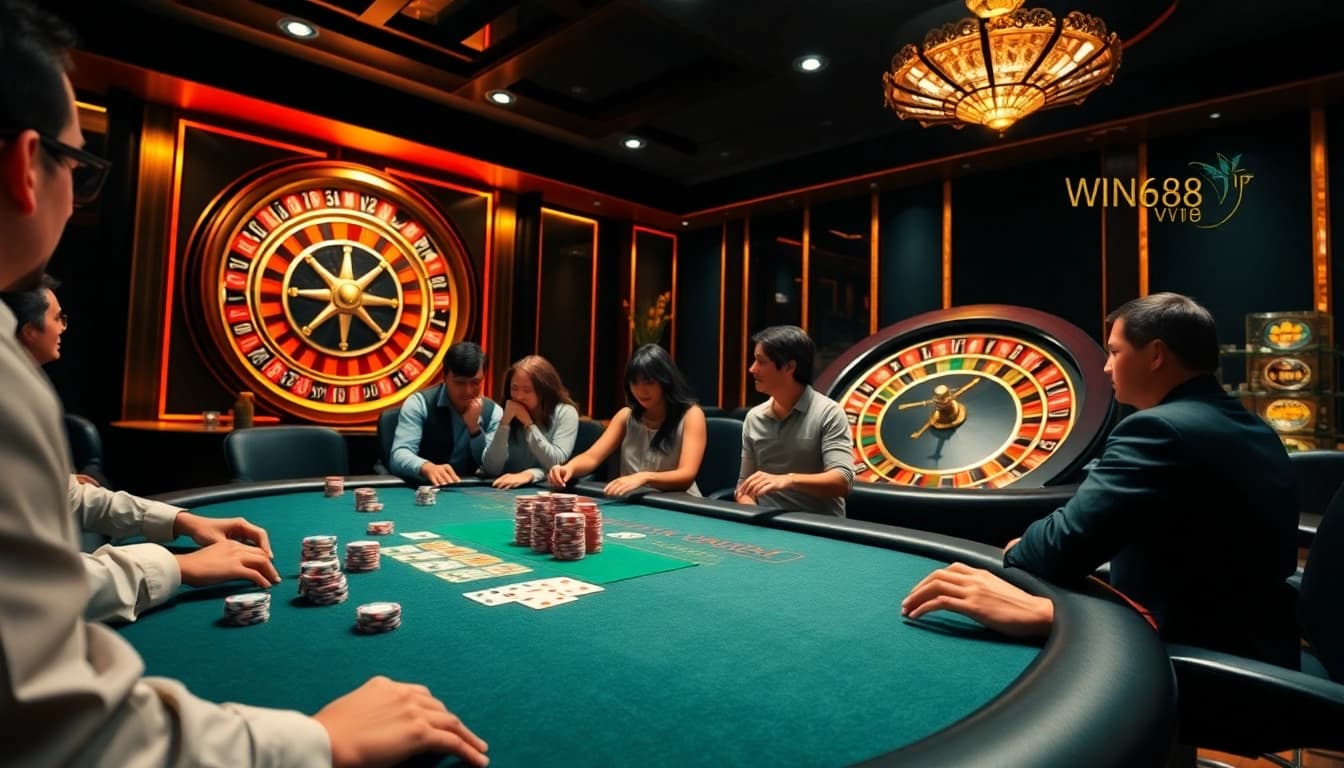 win678 vip players enjoying an exclusive poker game in a luxurious casino setting.