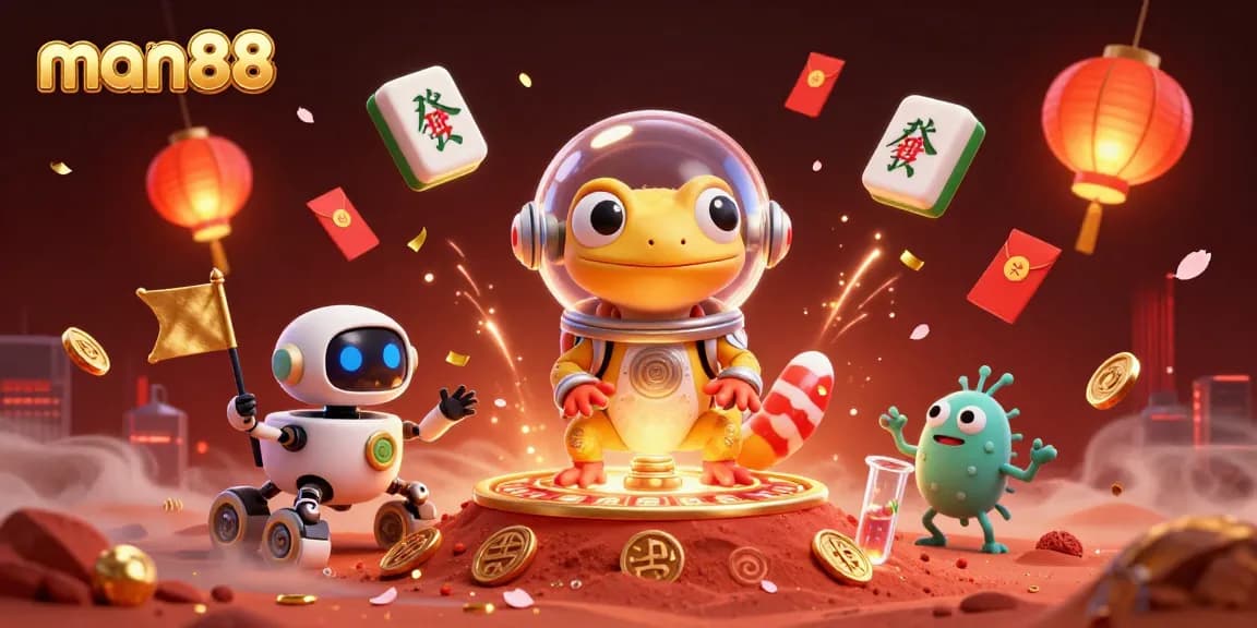 Experience man88's vibrant casino adventure with a Martian gecko and festive game elements.