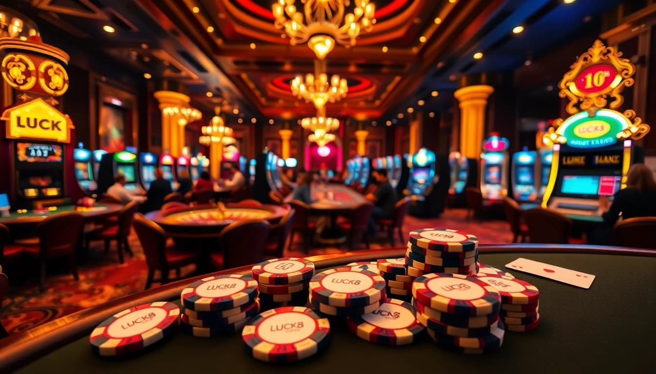 Winning at LUCK8-themed poker tables in a luxurious casino atmosphere.