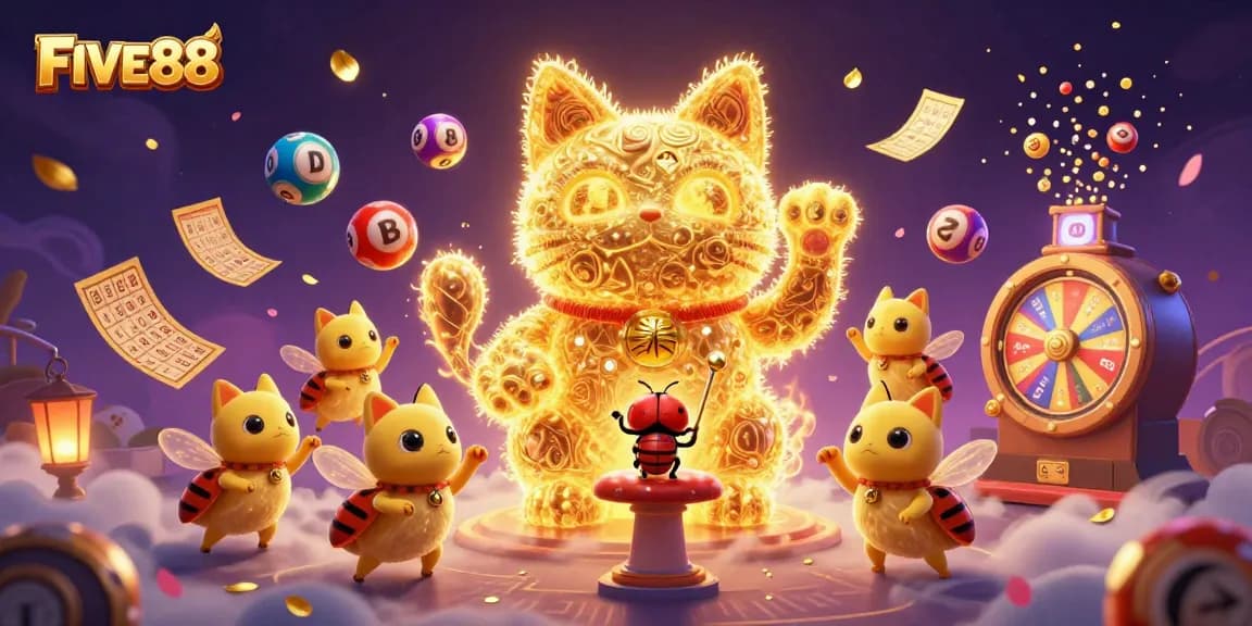 Engage with FIVE88's enchanting lucky cat, illuminating casino symbols amidst vibrant games.