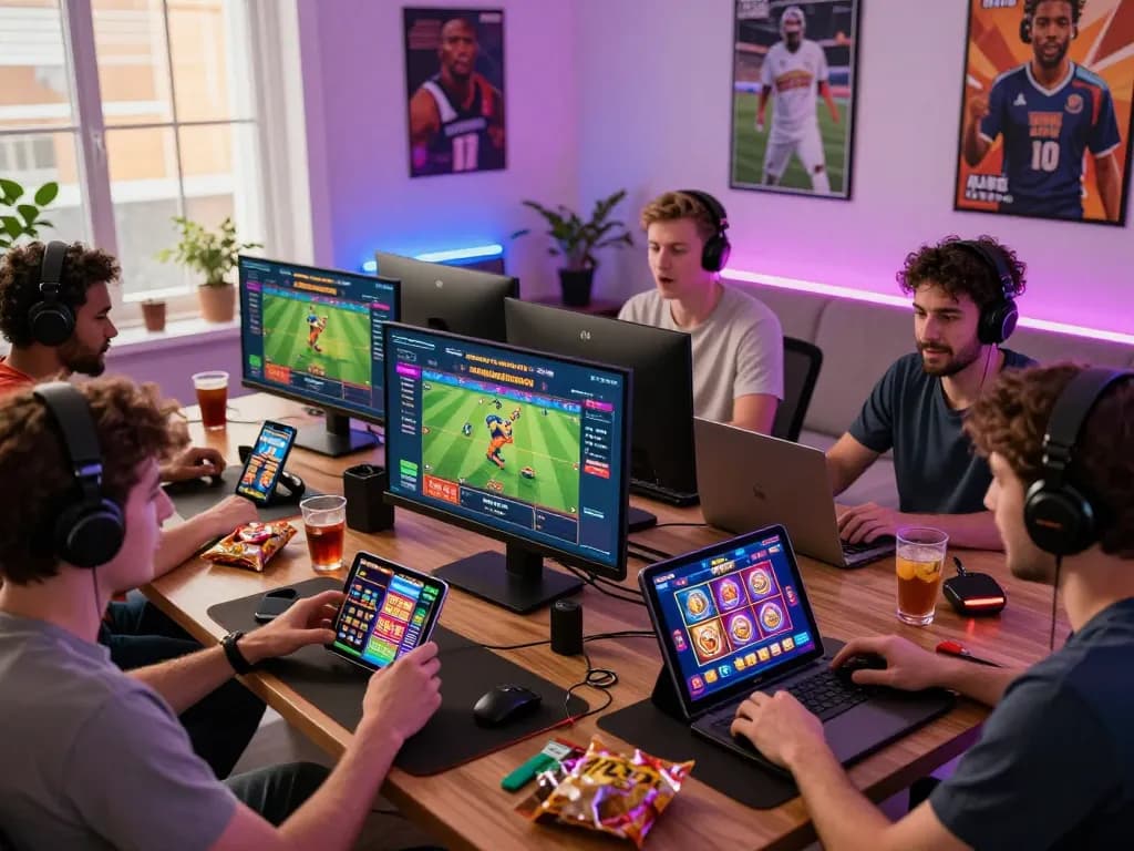 Players enjoying MM88 online gaming on multiple devices, showcasing excitement and interactive gameplay in a vibrant home setting.
