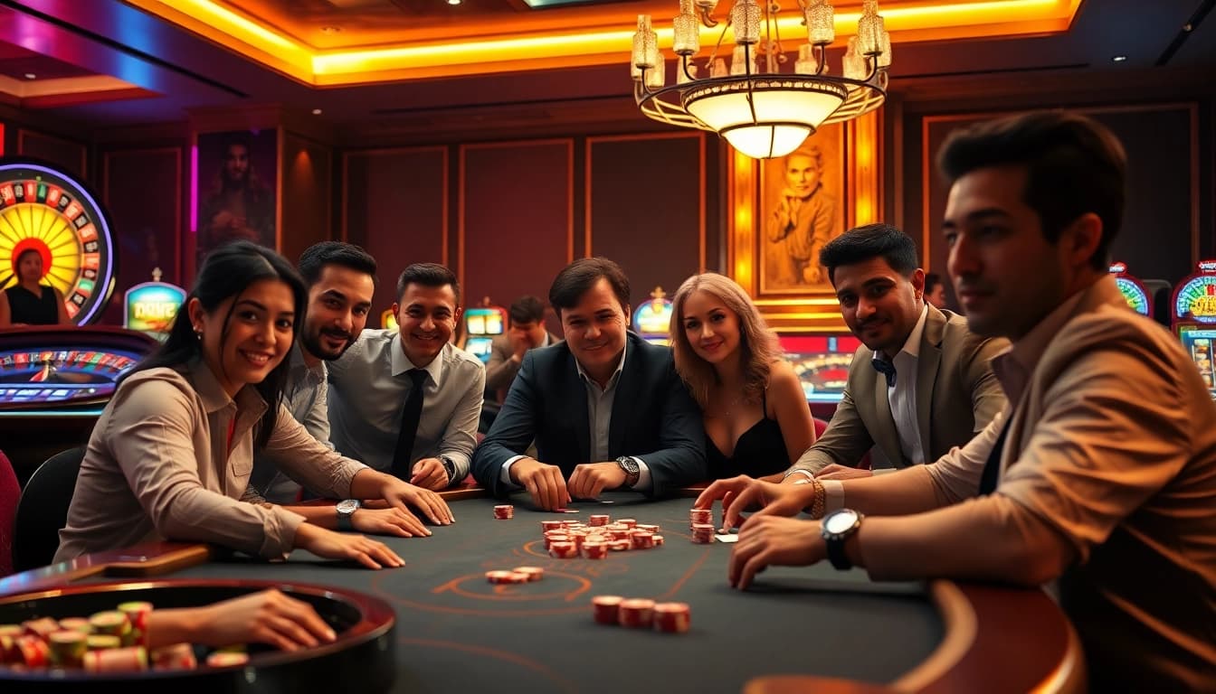 Experience the excitement at a casino poker table featuring CM88 elements in a vibrant atmosphere.