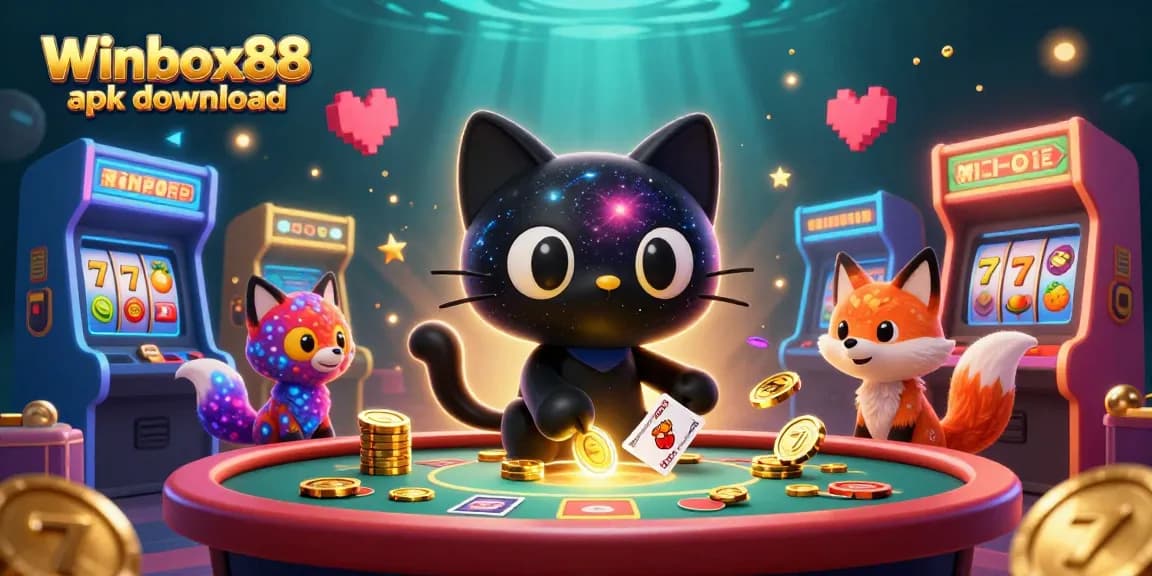 Experience Winbox88 apk download with an enchanting cosmic casino scene featuring a black hole cat and nebula fox.