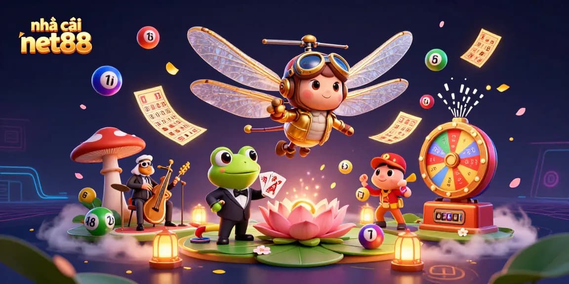 nhà cái net88 showcases a vibrant casino scene with a dragonfly pilot, frog dealer, and lively musicians.