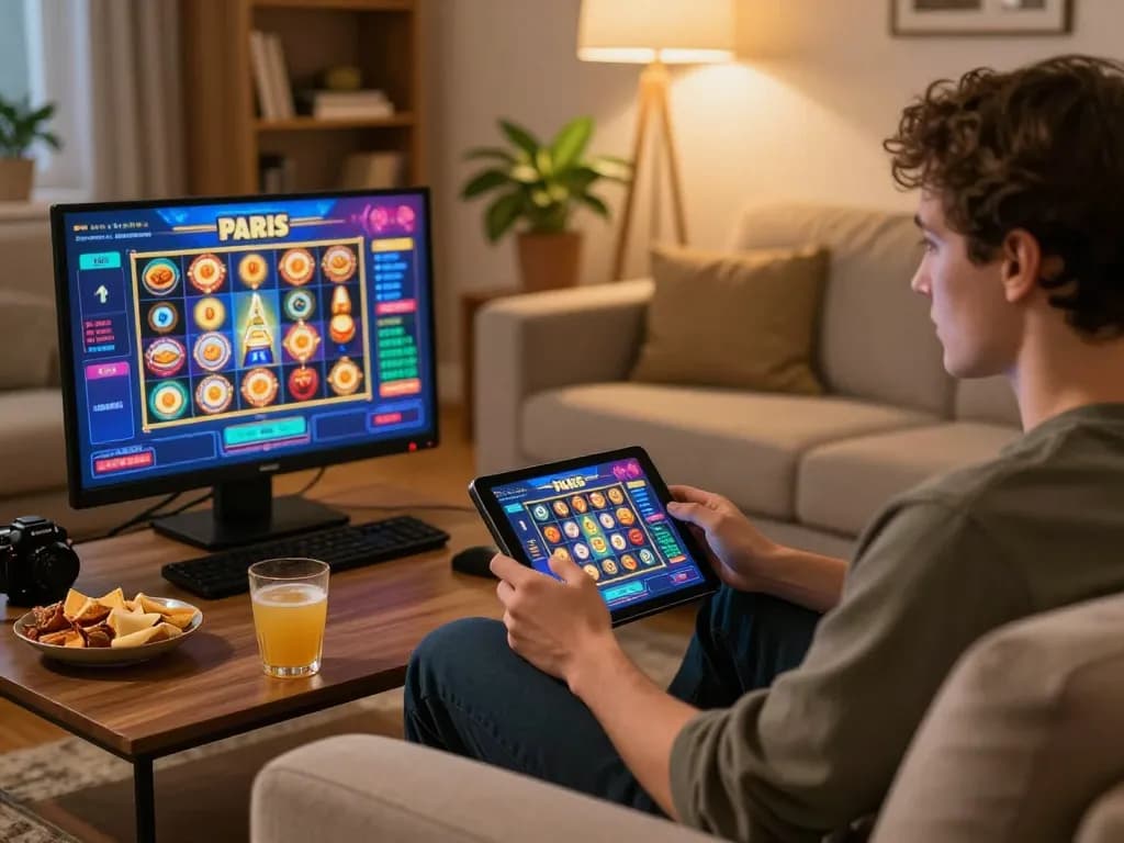 Excited player spins the reels of the paris slot game on a tablet, showcasing a home gaming environment.