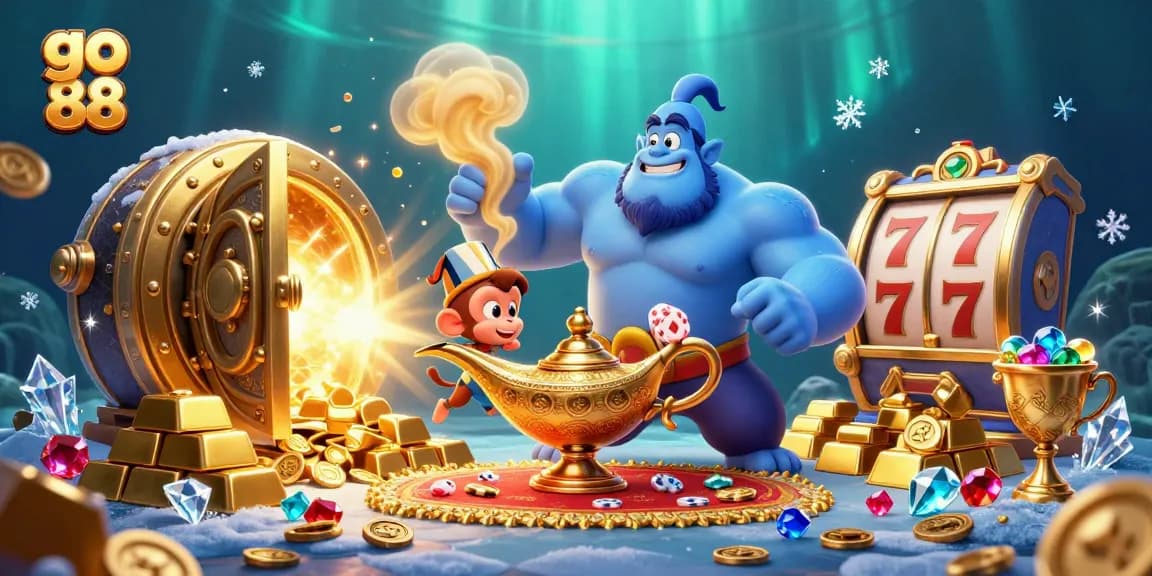 Engage in exciting gameplay with go 88, featuring a dynamic genie, magic carpet, and vibrant casino elements.