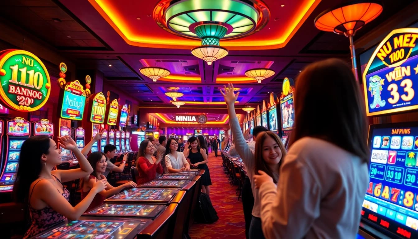 Nổ Hũ game experience in a vibrant casino with players celebrating wins.