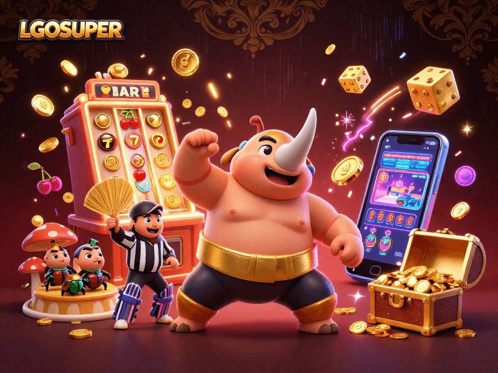 Experience thrilling action with LGOSUPER in this vibrant illustration of a sumo champion beetle amid a casino scene.