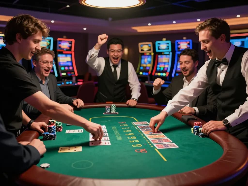 Fly88 players engaging in an exciting blackjack game, showcasing strategic gameplay and vibrant casino atmosphere.