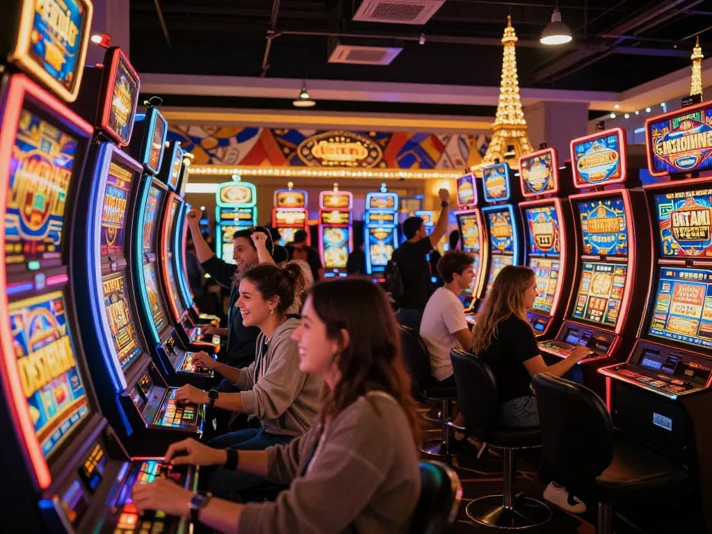 Para pemain yang bersemangat merayakan kemenangan di mesin slot Paris, diterangi oleh lampu yang berwarna-warni.