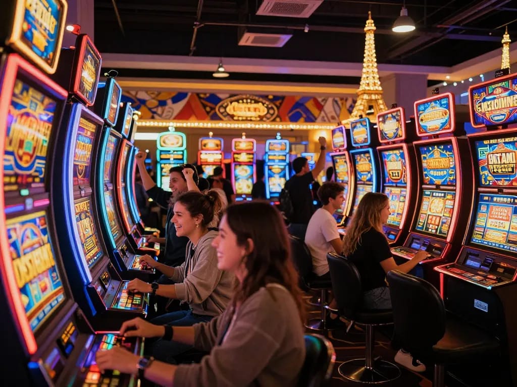 Para pemain yang bersemangat merayakan kemenangan di mesin slot Paris, diterangi oleh lampu yang berwarna-warni.