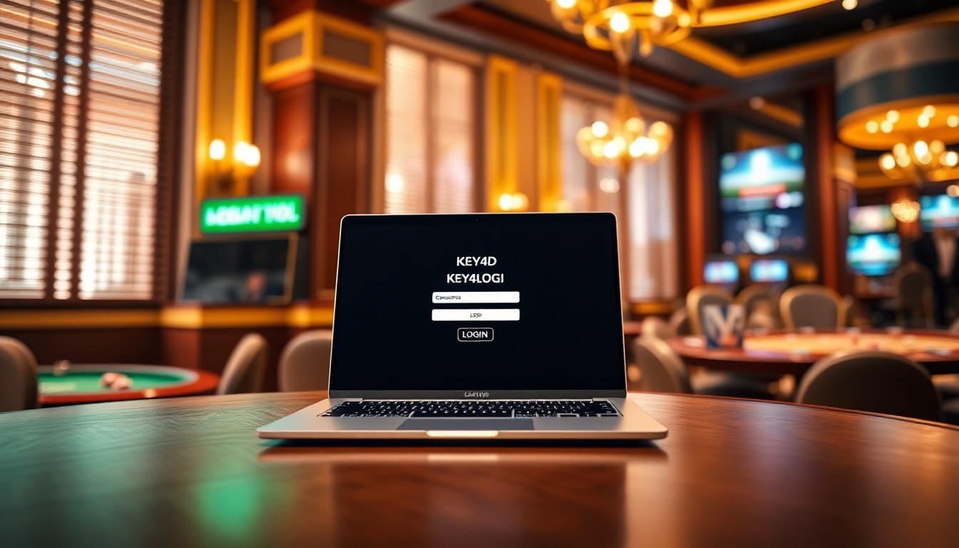 Masuk ke KEY4D LOGIN di laptop di tengah suasana kasino yang elegan.