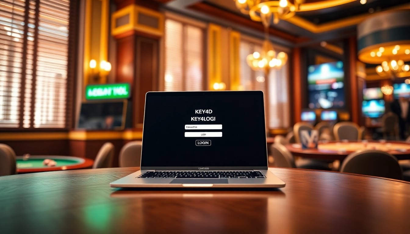 Masuk ke KEY4D LOGIN di laptop di tengah suasana kasino yang elegan.