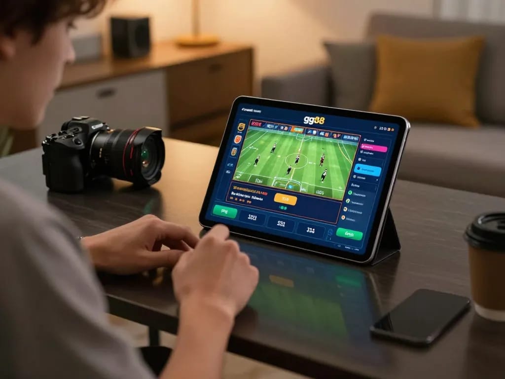 Gambling enthusiast using gg88 app on tablet in a modern home office setting.