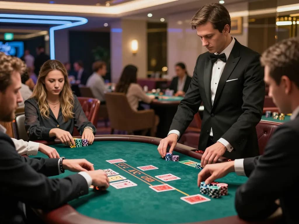 MM88 players engaging in an exciting blackjack game in a luxurious casino setting