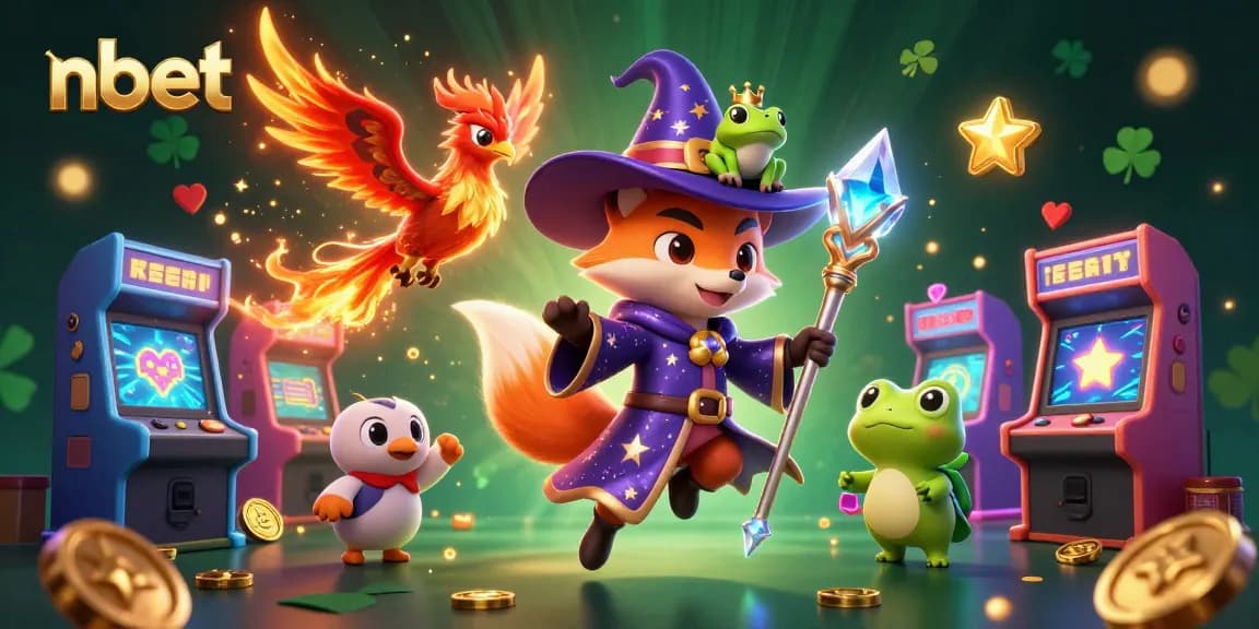 The nbet illustrated scene highlights a wizard fox, phoenix, and magical elements amidst vibrant gaming symbols.