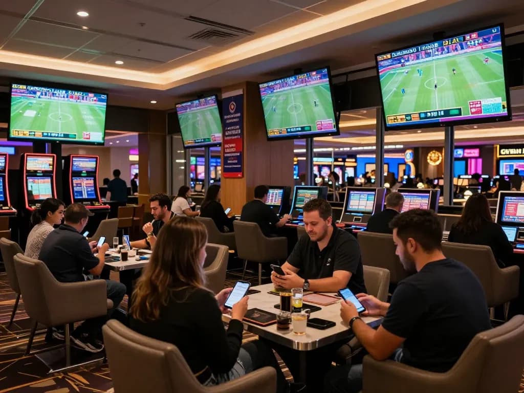 Kèo nhà cái updates displayed in a stylish sports betting lounge, patrons engrossed in their bets.