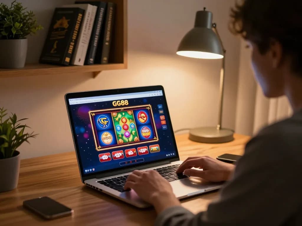 Engaging in online casino gaming at GG88 from a stylish home setup with warm lighting