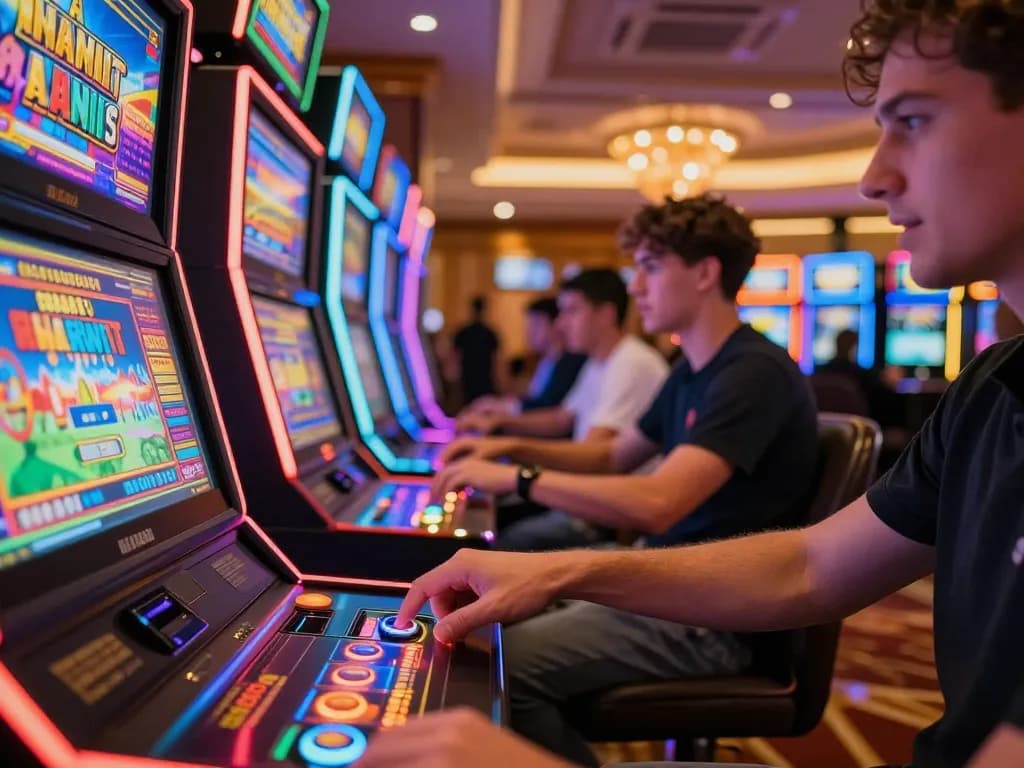 Engaged players at slot machines experiencing excitement during gameplay.